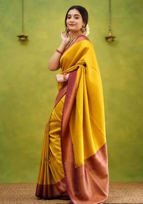 fashionable gold banarasi south silk fancy saree with unstitched blouse 4