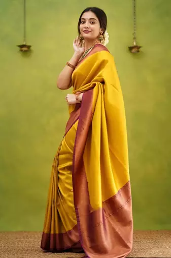 fashionable gold banarasi south silk fancy saree with unstitched blouse