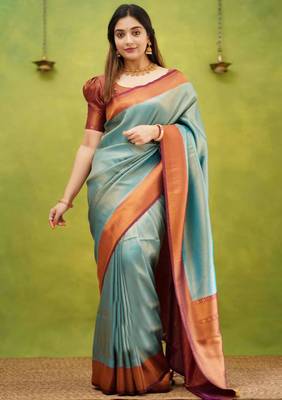 jacquard sea green self design pure art silk gift saree with unstitched blouse 1