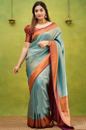 jacquard sea green  self design pure art silk gift saree with unstitched blouse
