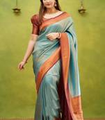 jacquard sea green  self design pure art silk gift saree with unstitched blouse