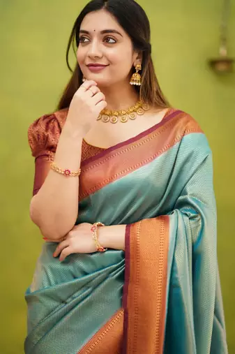 jacquard sea green self design pure art silk gift saree with unstitched blouse