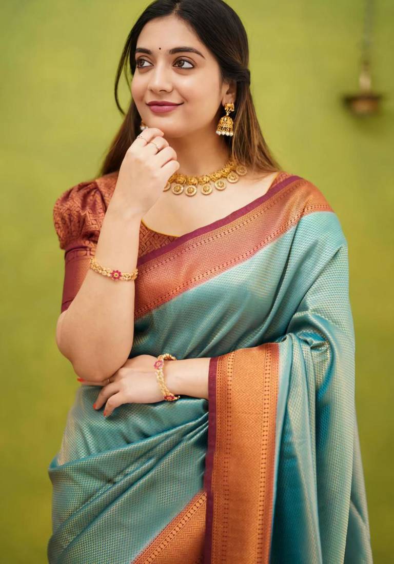 jacquard sea green  self design pure art silk gift saree with unstitched blouse