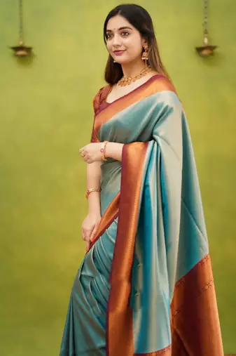 jacquard sea green self design pure art silk gift saree with unstitched blouse