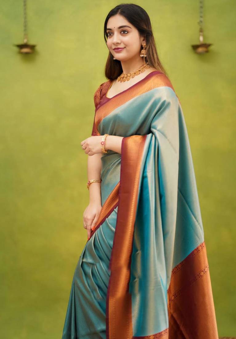 jacquard sea green  self design pure art silk gift saree with unstitched blouse