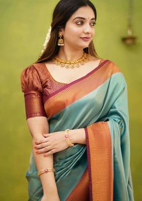 jacquard sea green self design pure art silk gift saree with unstitched blouse 4