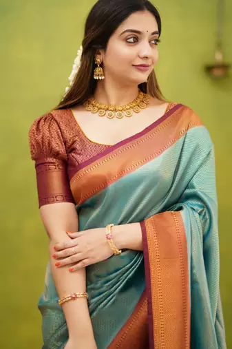 jacquard sea green self design pure art silk gift saree with unstitched blouse