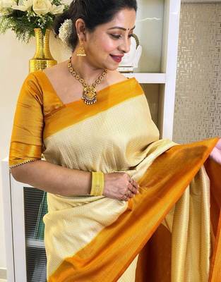  cream self design art art silk jacquard saree with unstitched blouse 2