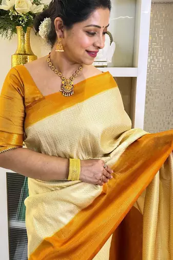  cream self design art art silk jacquard saree with unstitched blouse
