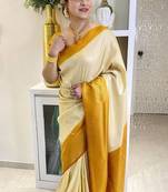 latest cream self design art art silk jacquard saree with unstitched blouse