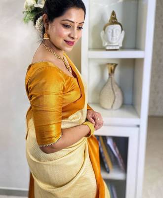  cream self design art art silk jacquard saree with unstitched blouse 3