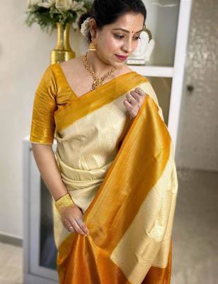  cream self design art art silk jacquard saree with unstitched blouse 4