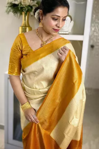  cream self design art art silk jacquard saree with unstitched blouse