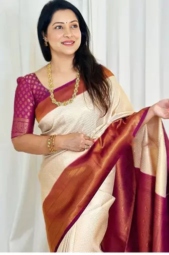 soft white woven cotton silk kerala saree with unstitched blouse