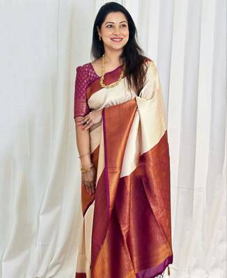 soft white woven cotton silk kerala saree with unstitched blouse 1