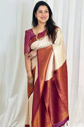 soft white woven cotton silk kerala saree with unstitched blouse