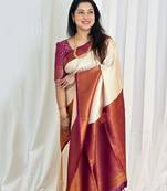 soft white woven cotton silk kerala saree with unstitched blouse