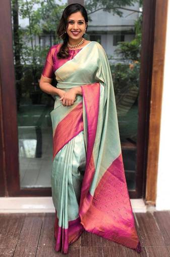 pure sea green jacquard art silk all seasons saree with unstitched blouse