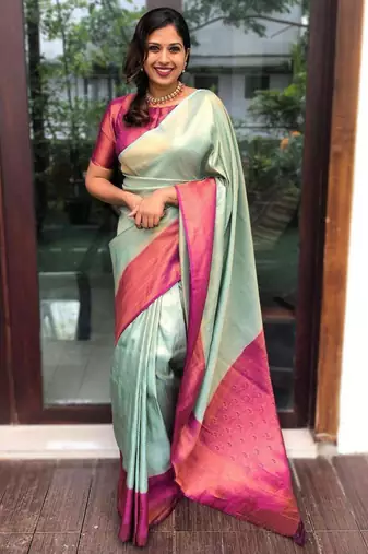 pure sea green jacquard art silk all seasons saree with unstitched blouse