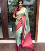 pure sea green jacquard art silk all seasons saree with unstitched blouse