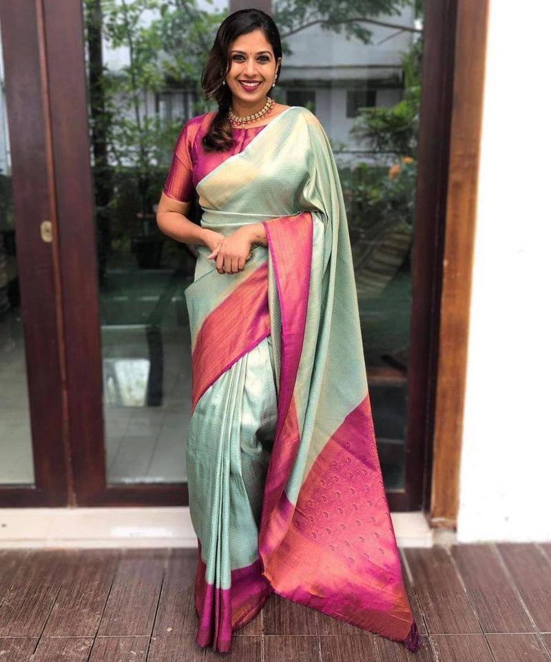 pure sea green jacquard art silk all seasons saree with unstitched blouse