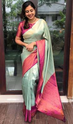 pure sea green jacquard art silk all seasons saree with unstitched blouse 3