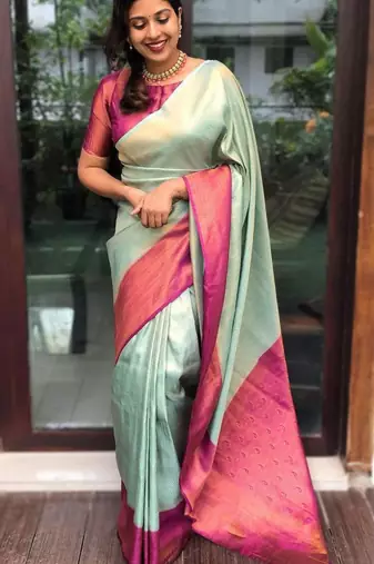 pure sea green jacquard art silk all seasons saree with unstitched blouse