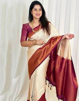 soft white woven cotton silk kerala saree with unstitched blouse 4