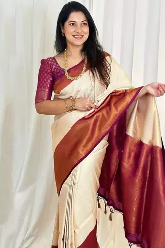 soft white woven cotton silk kerala saree with unstitched blouse