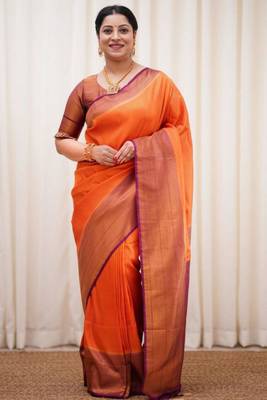  orange jacquard art silk blend light weight saree with unstitched blouse 1
