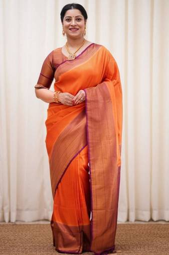  orange jacquard art silk blend light weight saree with unstitched blouse