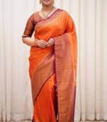 latest orange jacquard art silk blend light weight saree with unstitched blouse
