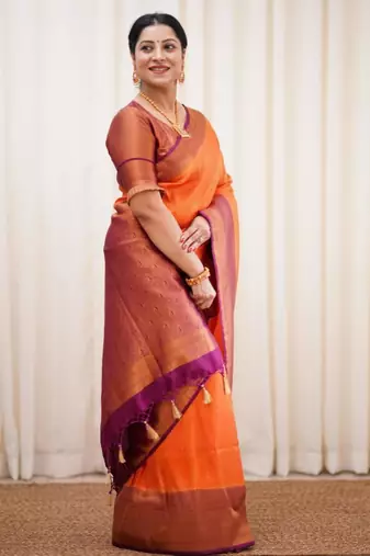  orange jacquard art silk blend light weight saree with unstitched blouse