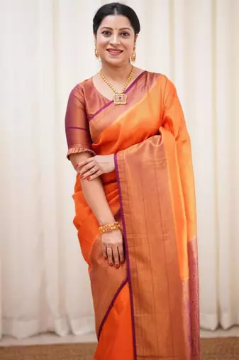  orange jacquard art silk blend light weight saree with unstitched blouse