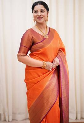  orange jacquard art silk blend light weight saree with unstitched blouse 4