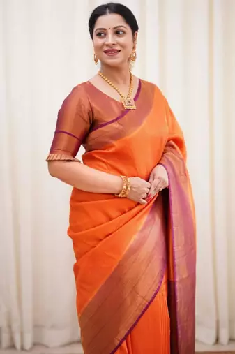  orange jacquard art silk blend light weight saree with unstitched blouse
