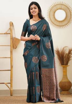 celebrity inspired rama green woven silk cotton saree with unstitched blouse 1