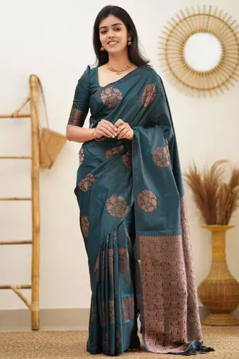 celebrity inspired rama green woven silk cotton bollywood saree with unstitched blouse