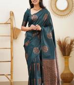 celebrity inspired rama green woven silk cotton bollywood saree with unstitched blouse