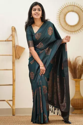 celebrity inspired rama green woven silk cotton saree with unstitched blouse