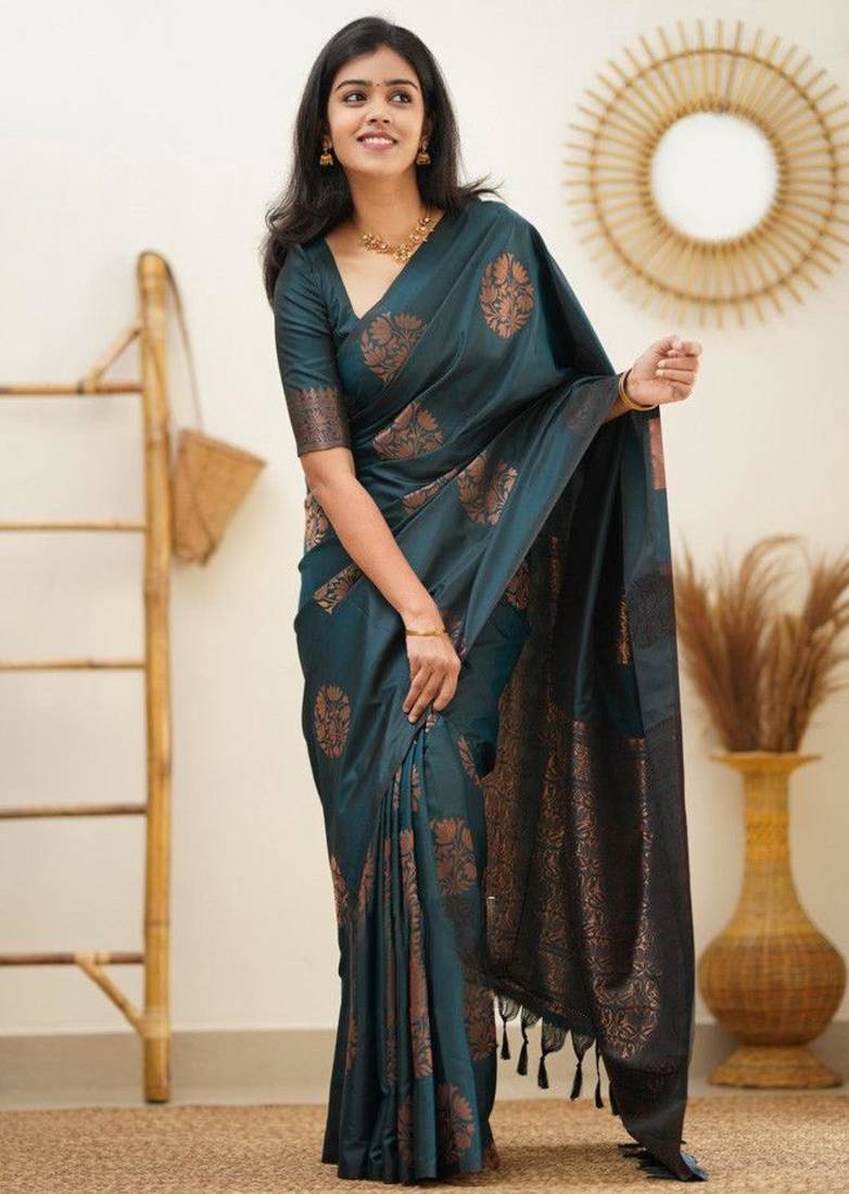celebrity inspired rama green woven silk cotton bollywood saree with unstitched blouse