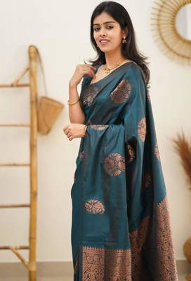 celebrity inspired rama green woven silk cotton saree with unstitched blouse 4