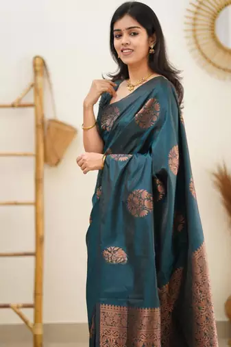 celebrity inspired rama green woven silk cotton saree with unstitched blouse