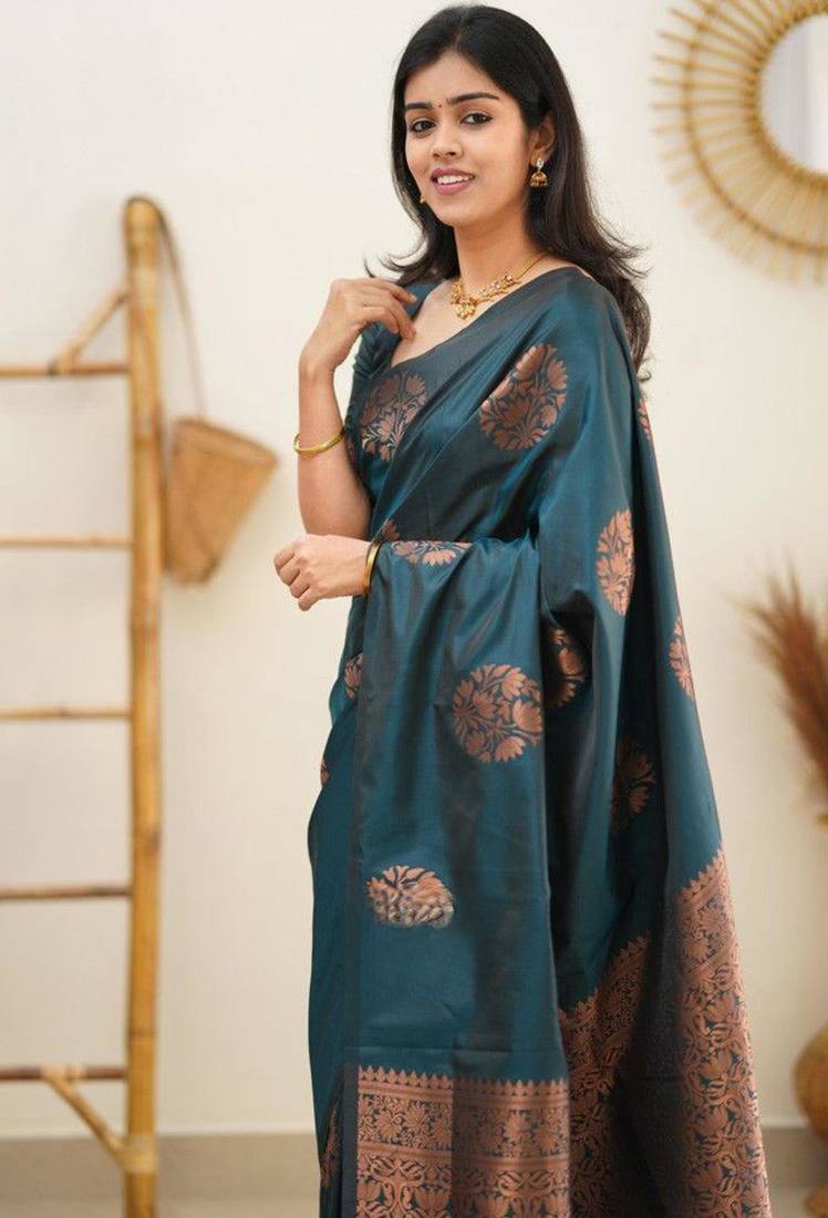 celebrity inspired rama green woven silk cotton bollywood saree with unstitched blouse