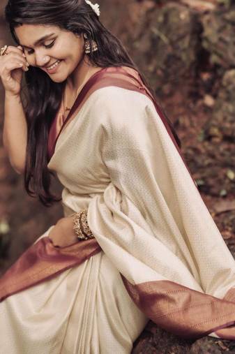 floral light cream banarasi art silk all seasons saree with unstitched blouse