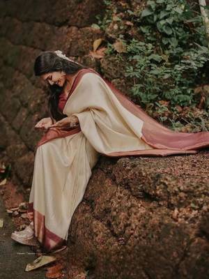 floral light cream banarasi art silk all seasons saree with unstitched blouse 2