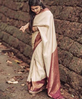 floral light cream banarasi art silk all seasons saree with unstitched blouse 3