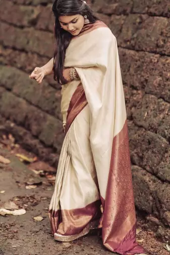 floral light cream banarasi art silk all seasons saree with unstitched blouse
