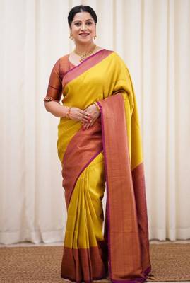 ethnic light yellow self design south silk fancy saree with unstitched blouse 1