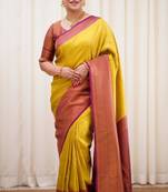 ethnic light yellow self design south silk fancy saree with unstitched blouse